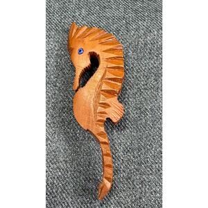 Mid Century Modern Wooden Seahorse with Blue Glass Eye Brooch